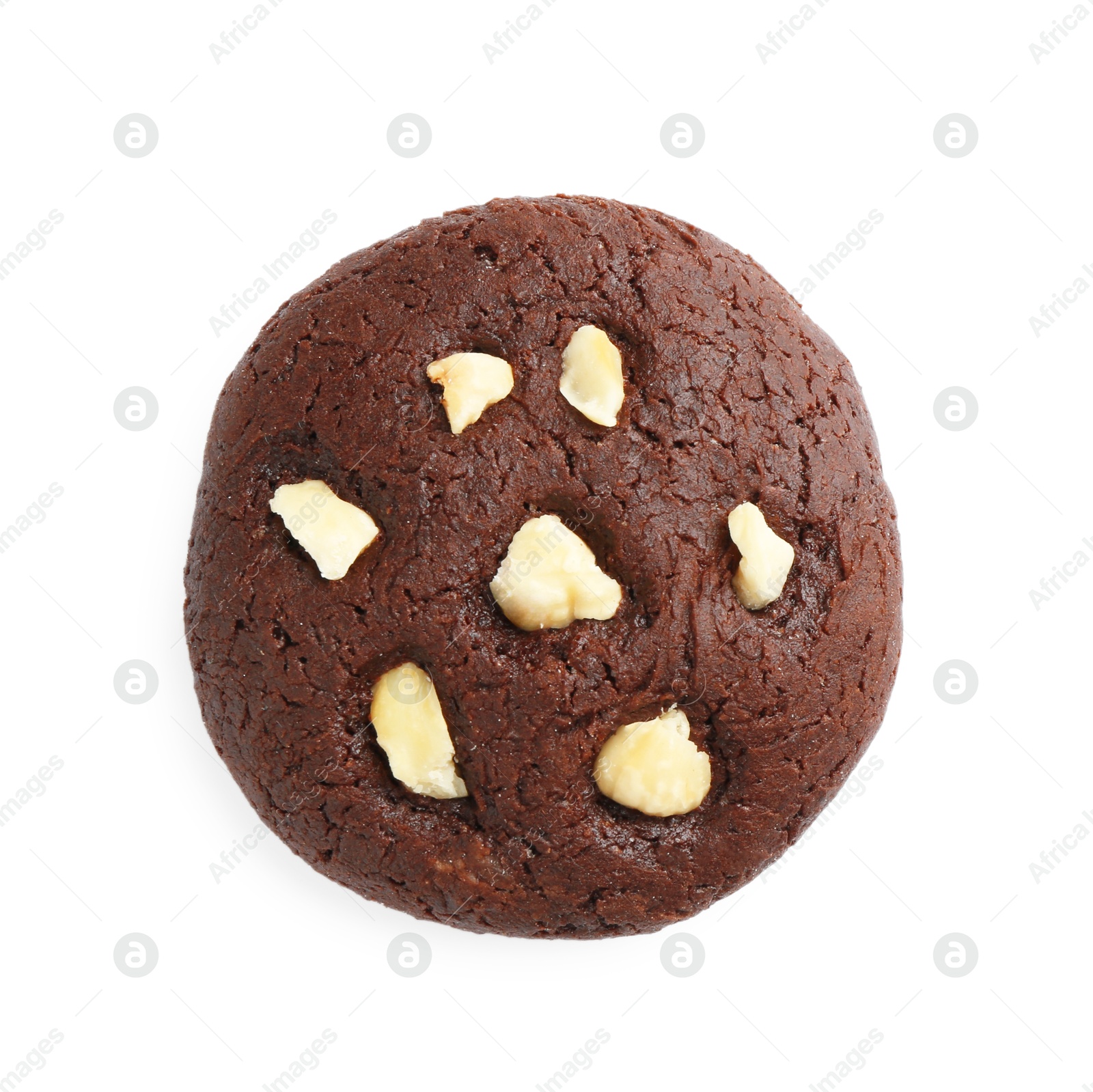 Photo of One tasty chocolate cookie with hazelnuts isolated on white, top view