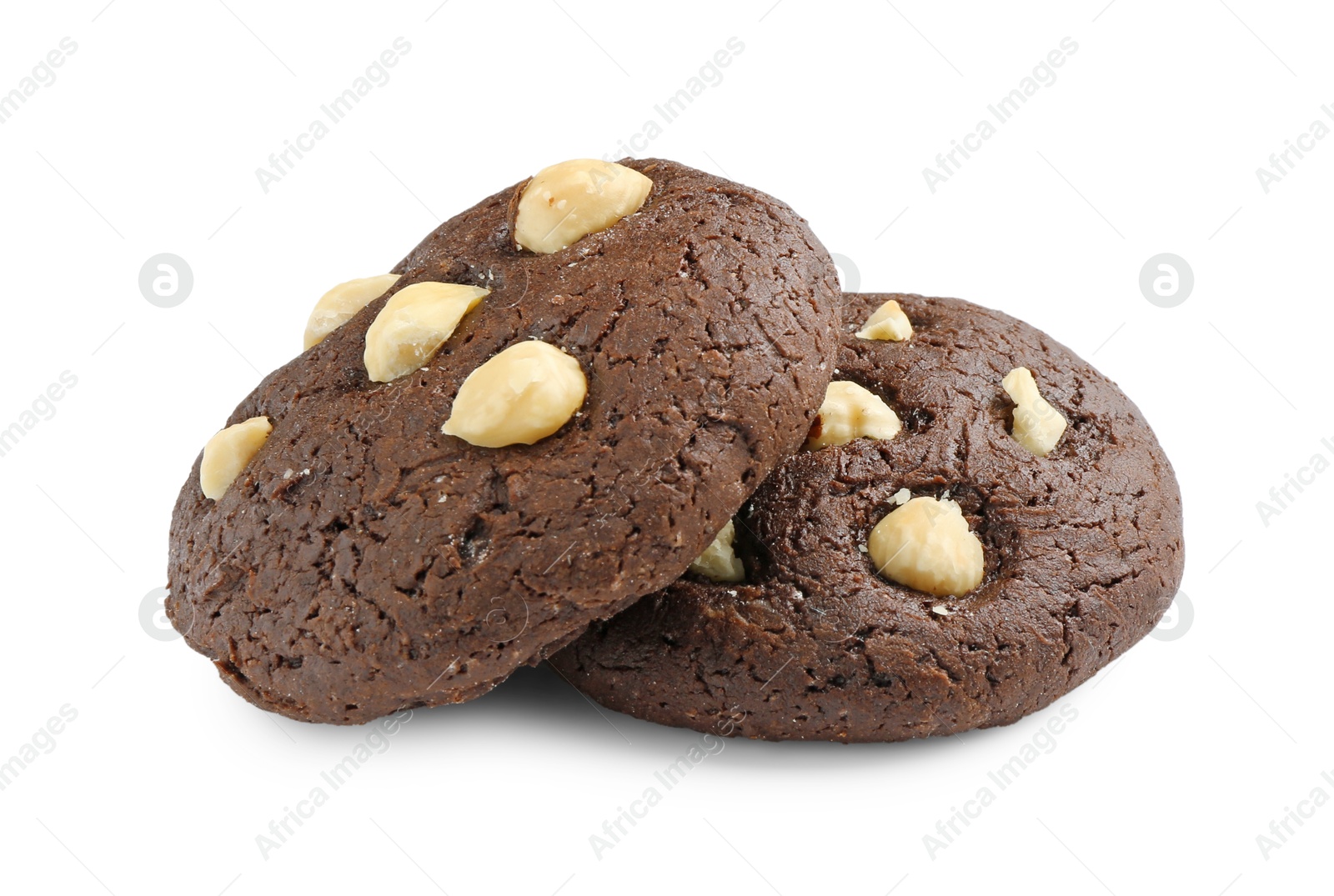 Photo of Tasty chocolate cookies with hazelnuts isolated on white