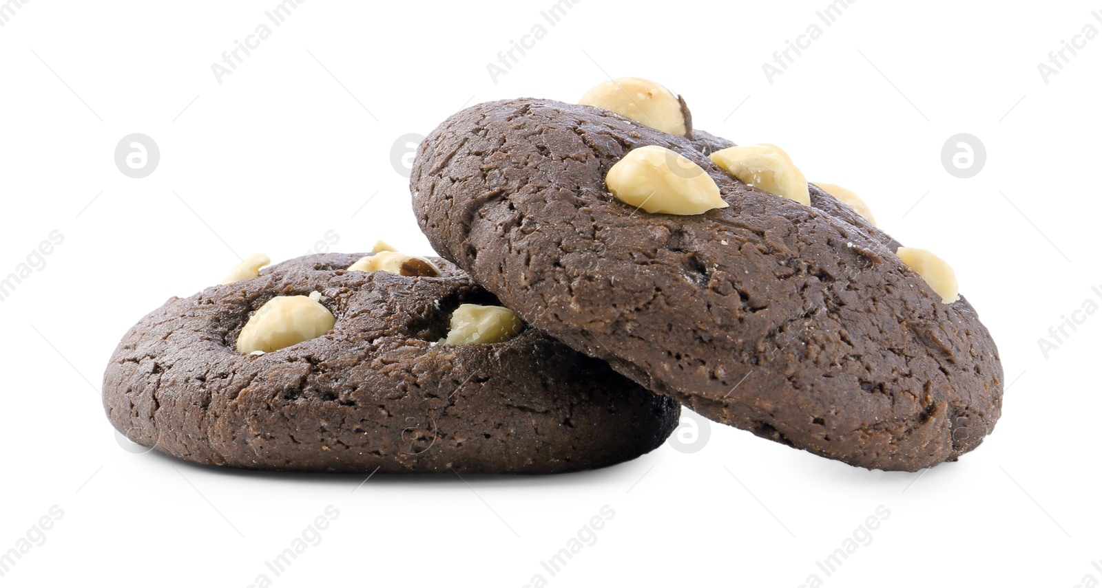 Photo of Tasty chocolate cookies with hazelnuts isolated on white