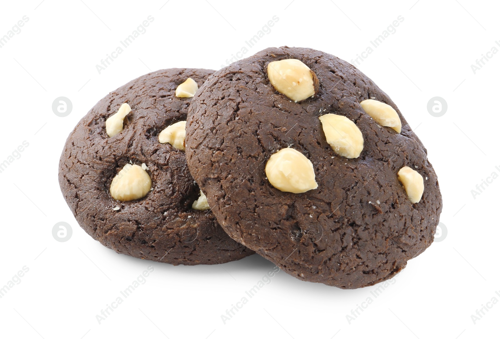 Photo of Tasty chocolate cookies with hazelnuts isolated on white