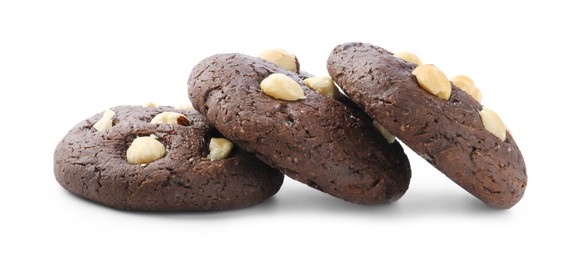 Photo of Tasty chocolate cookies with hazelnuts isolated on white