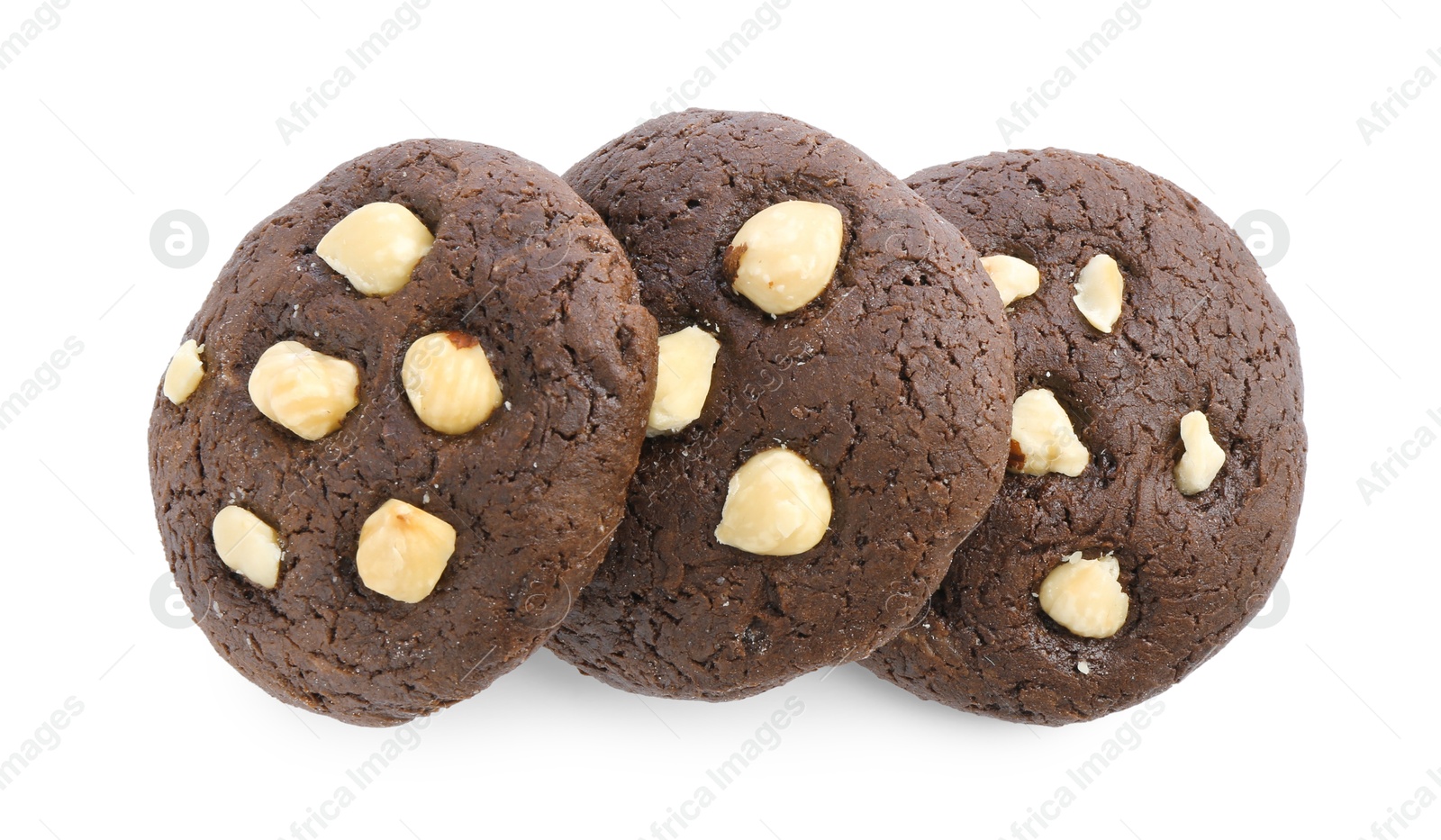 Photo of Tasty chocolate cookies with hazelnuts isolated on white, top view