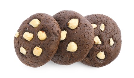 Photo of Tasty chocolate cookies with hazelnuts isolated on white, top view