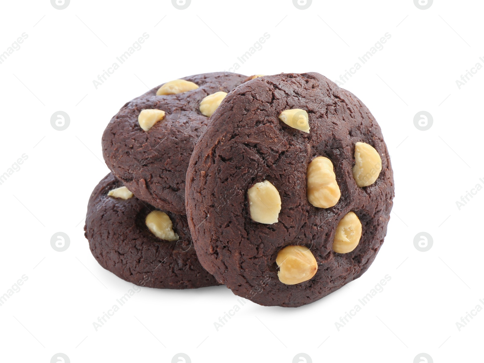 Photo of Tasty chocolate cookies with hazelnuts isolated on white