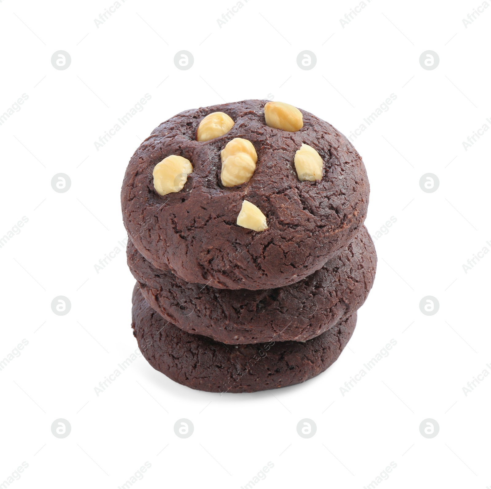 Photo of Tasty chocolate cookies with hazelnuts isolated on white