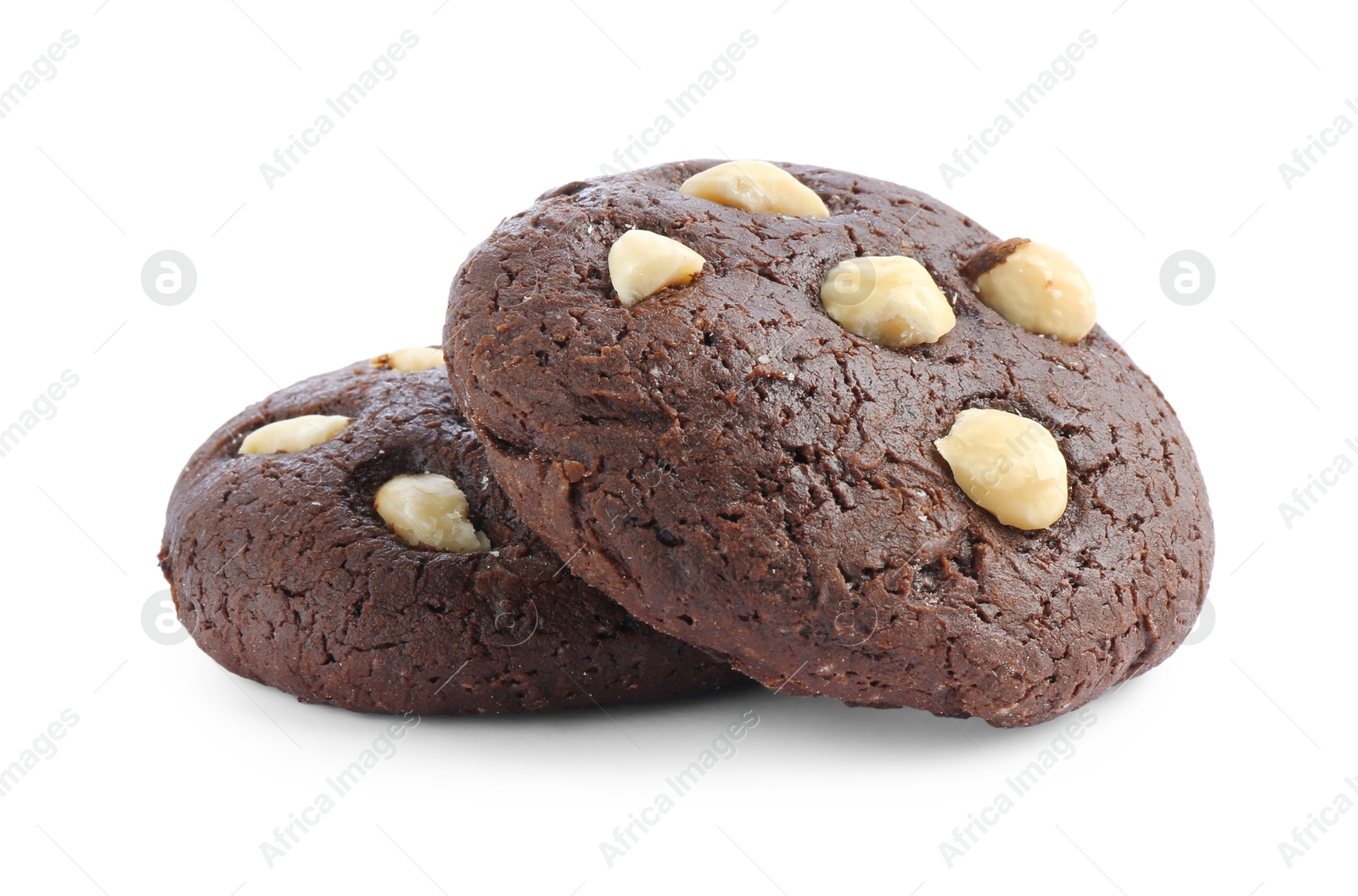 Photo of Tasty chocolate cookies with hazelnuts isolated on white