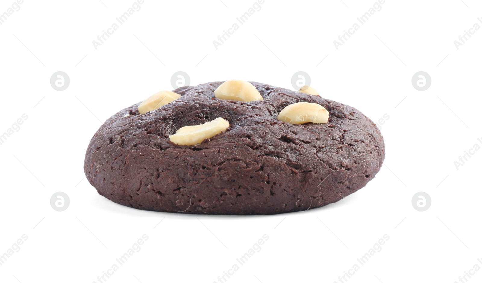 Photo of One tasty chocolate cookie with hazelnuts isolated on white