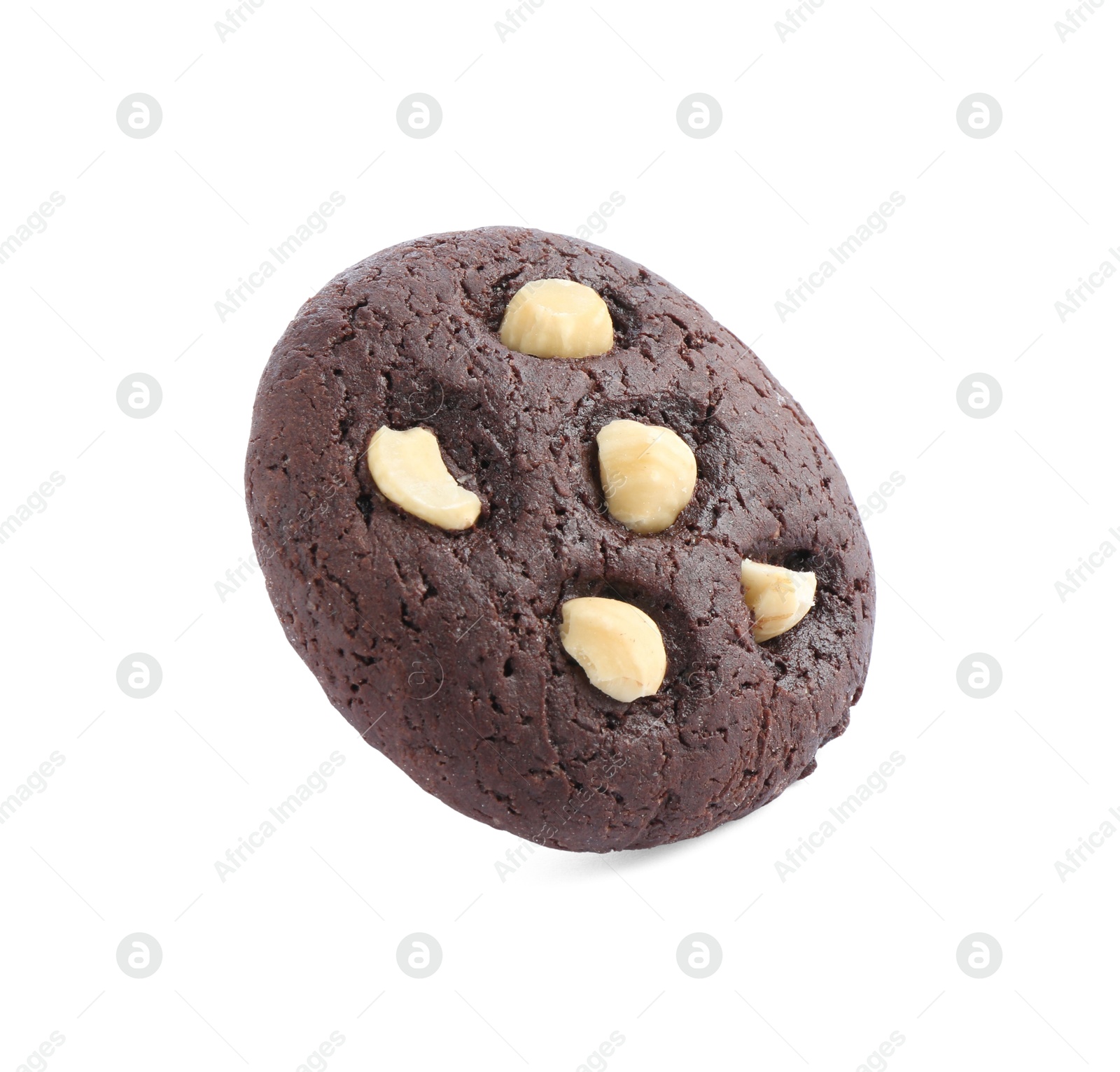 Photo of One tasty chocolate cookie with hazelnuts isolated on white