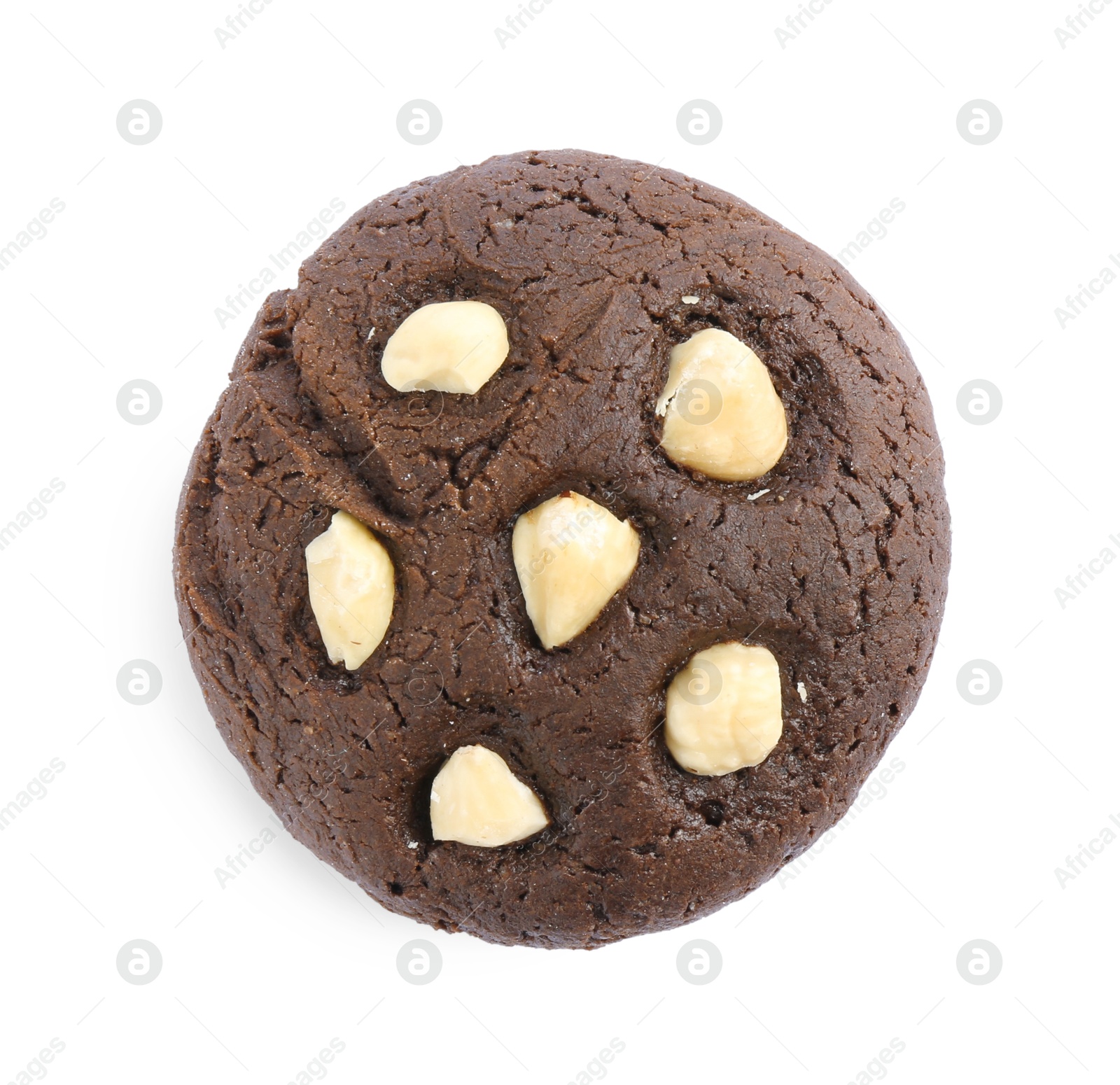 Photo of One tasty chocolate cookie with hazelnuts isolated on white, top view