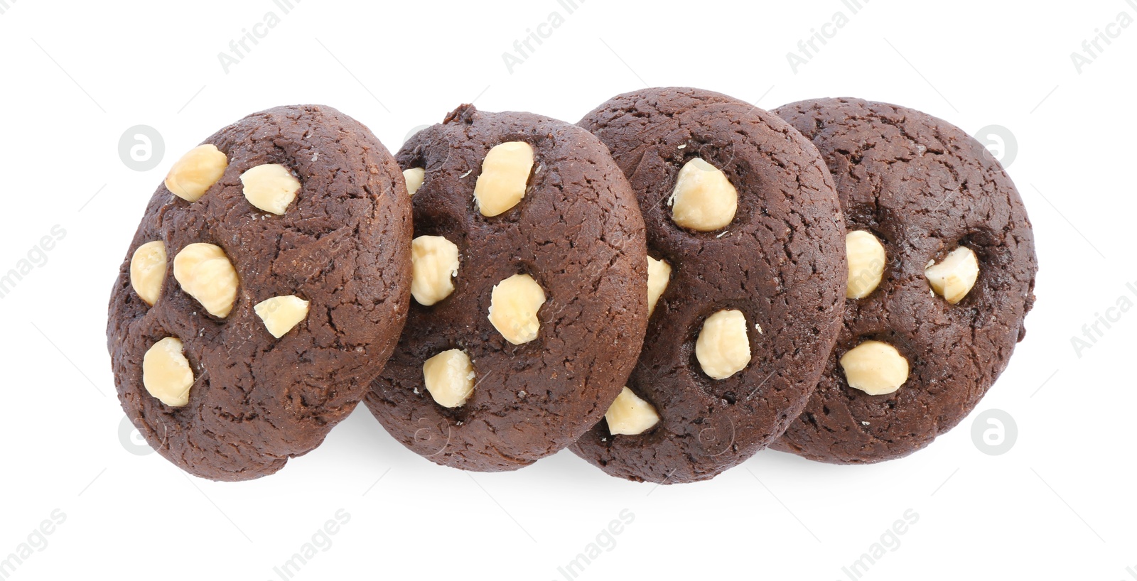 Photo of Tasty chocolate cookies with hazelnuts isolated on white, top view