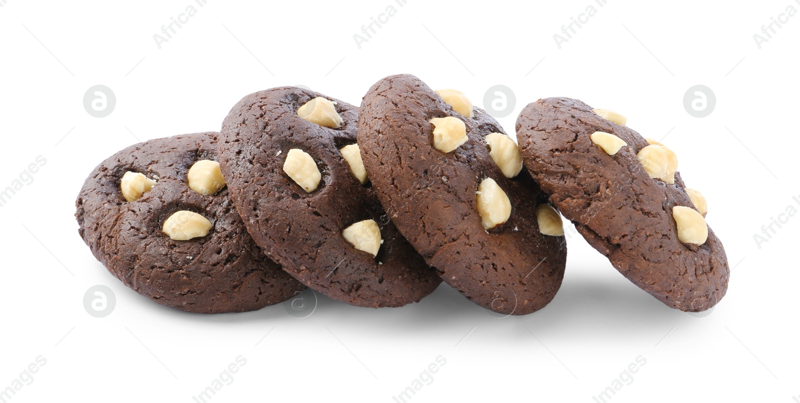 Photo of Tasty chocolate cookies with hazelnuts isolated on white