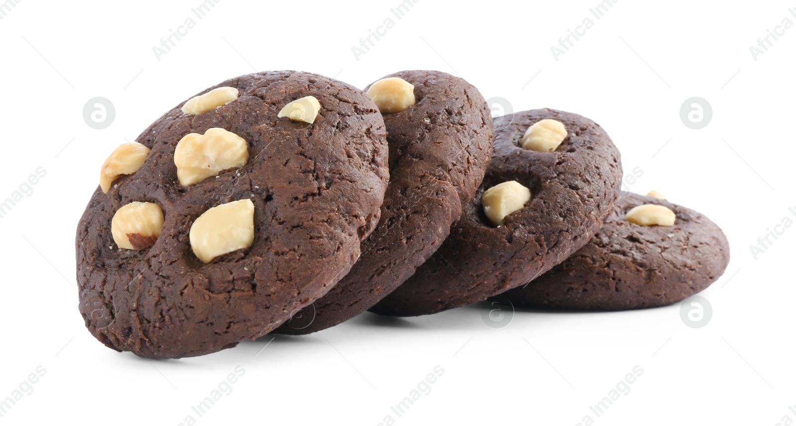 Photo of Tasty chocolate cookies with hazelnuts isolated on white