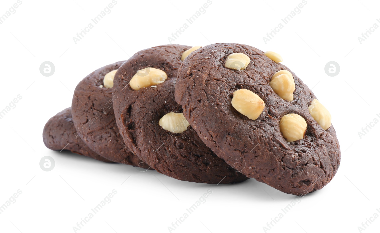 Photo of Tasty chocolate cookies with hazelnuts isolated on white