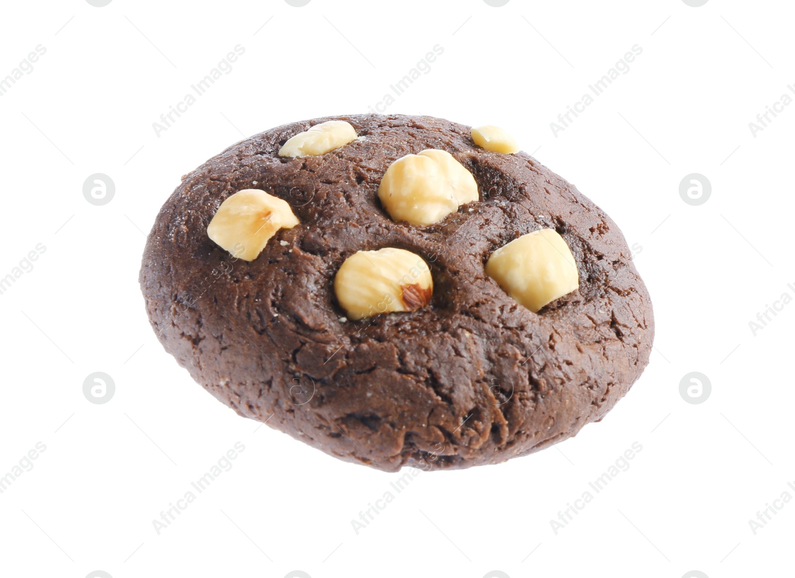 Photo of One tasty chocolate cookie with hazelnuts isolated on white