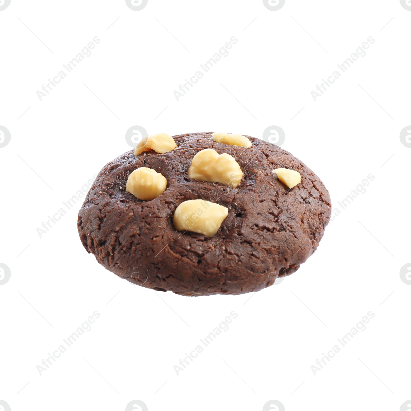 Photo of One tasty chocolate cookie with hazelnuts isolated on white