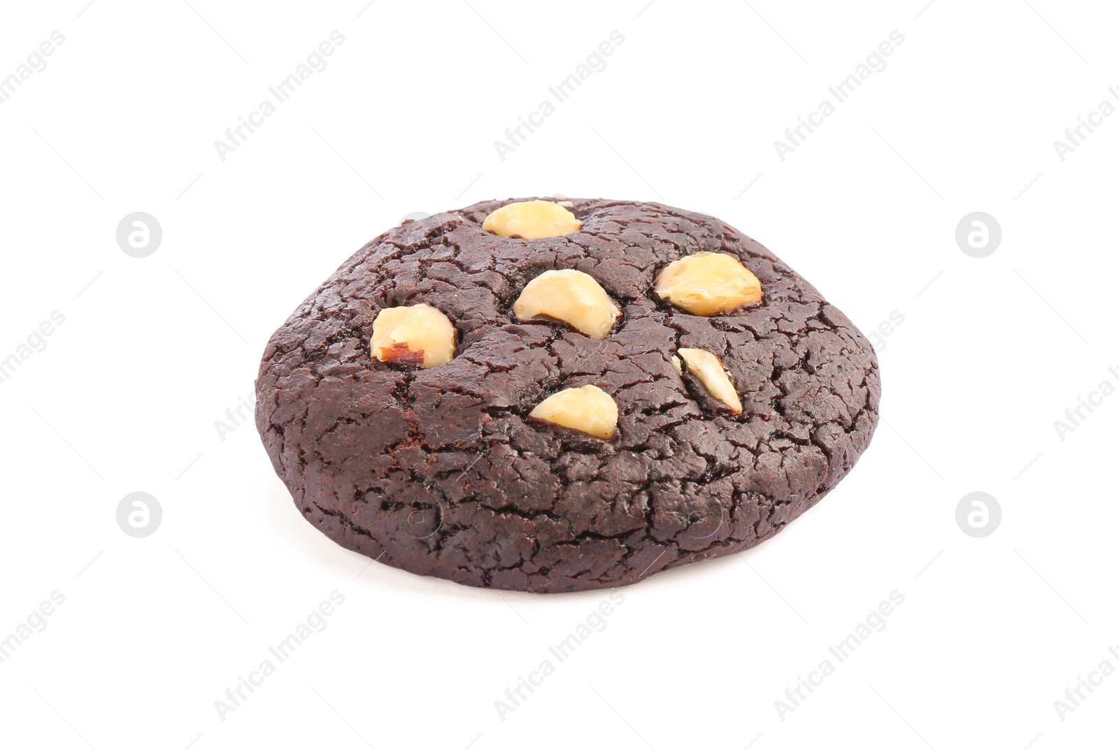 Photo of One tasty chocolate cookie with hazelnuts isolated on white