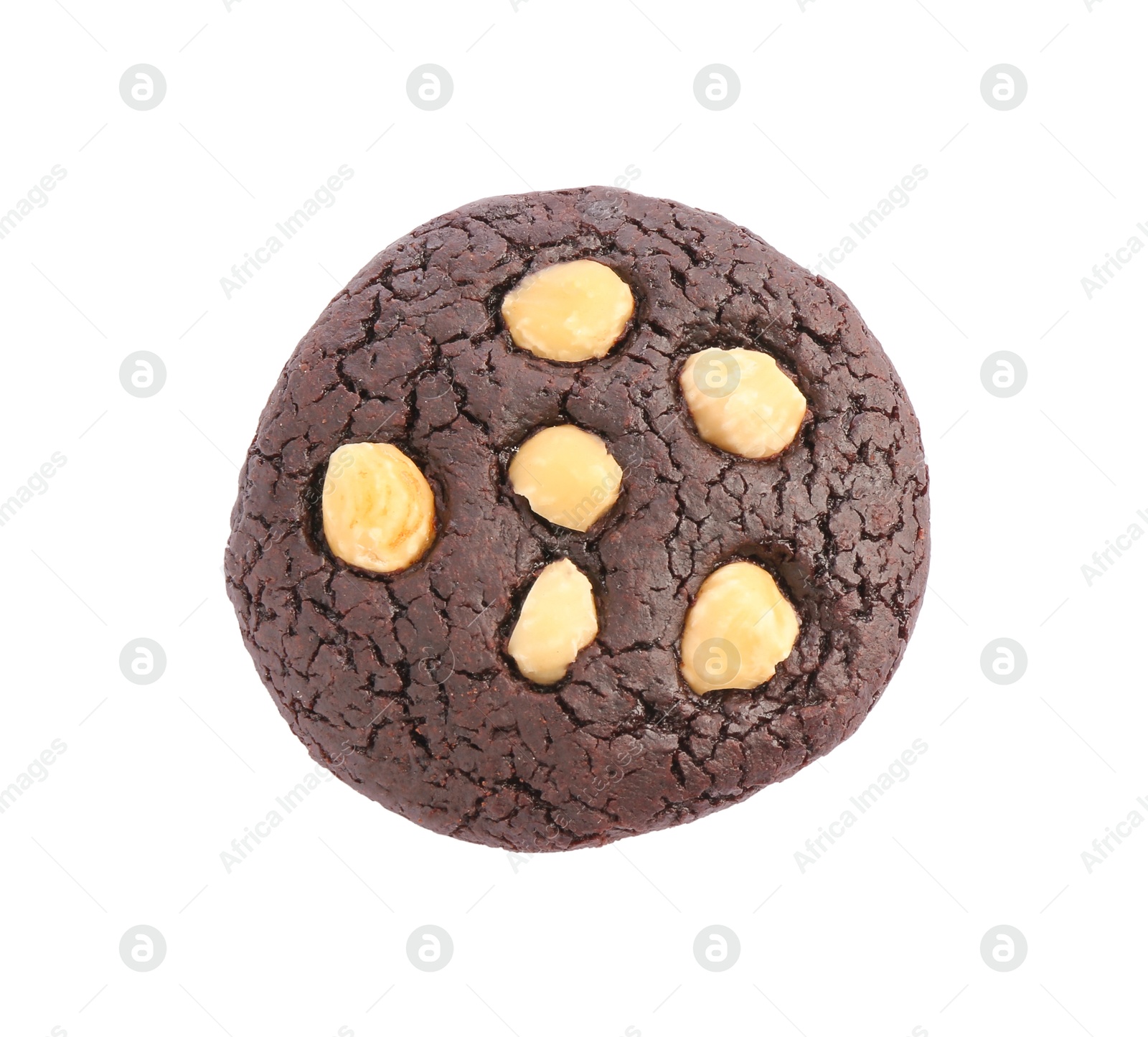 Photo of One tasty chocolate cookie with hazelnuts isolated on white, top view