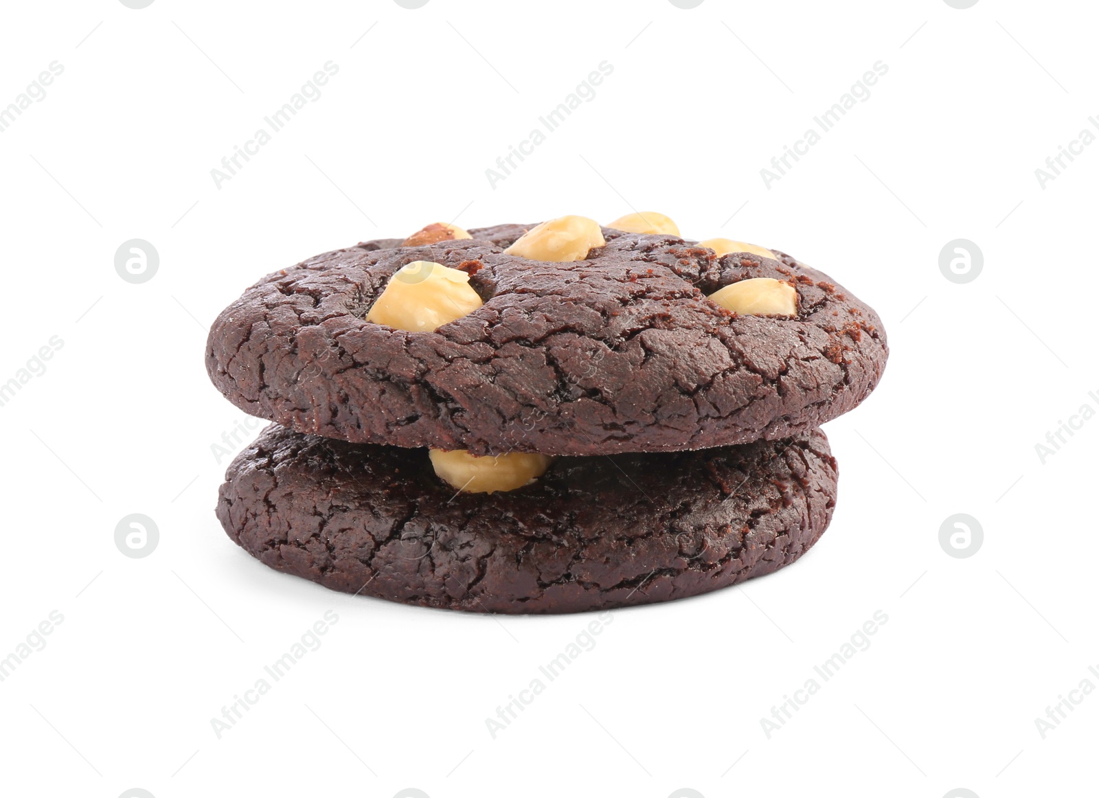 Photo of Tasty chocolate cookies with hazelnuts isolated on white