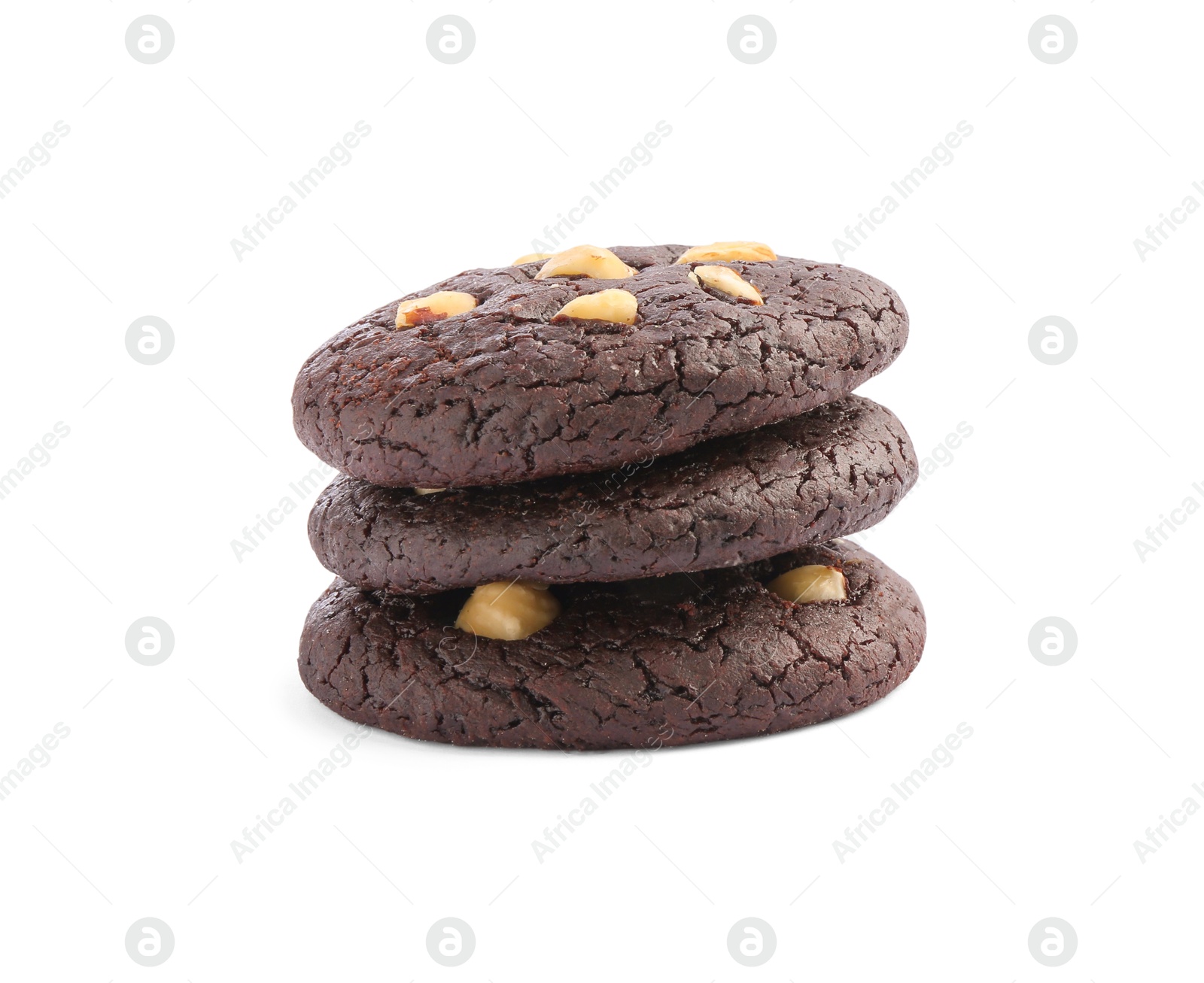 Photo of Tasty chocolate cookies with hazelnuts isolated on white