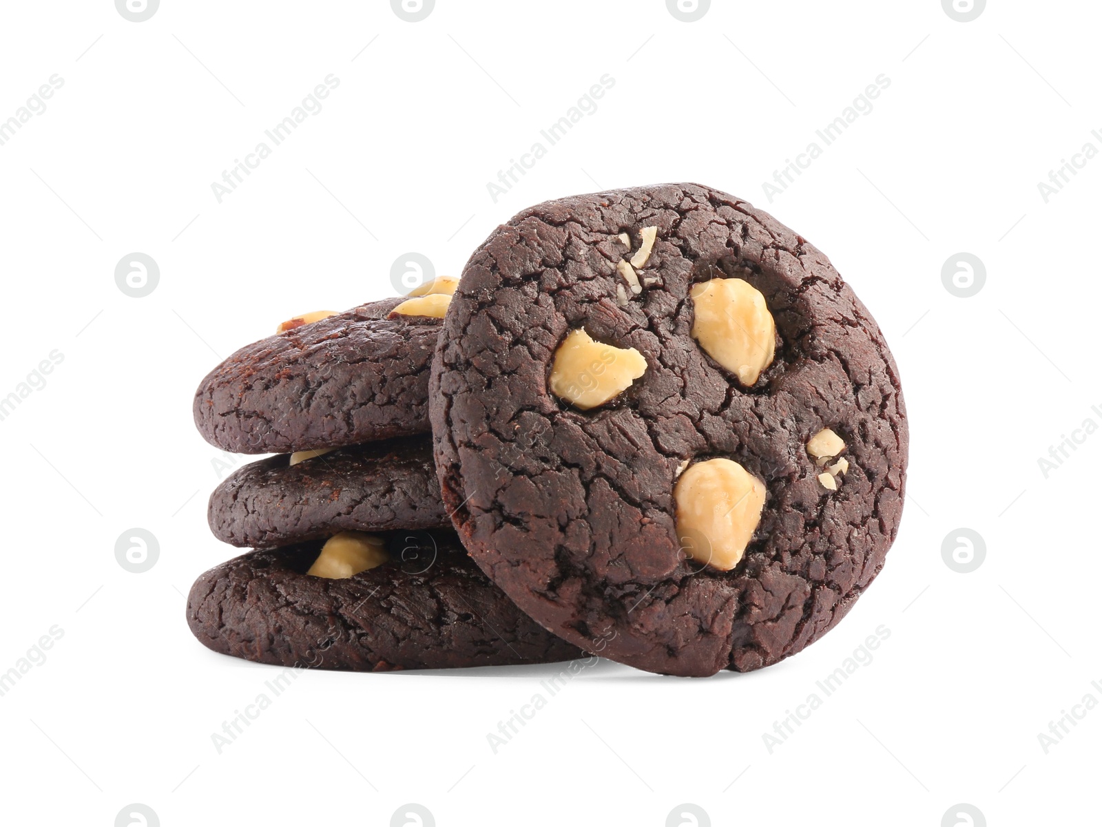 Photo of Tasty chocolate cookies with hazelnuts isolated on white