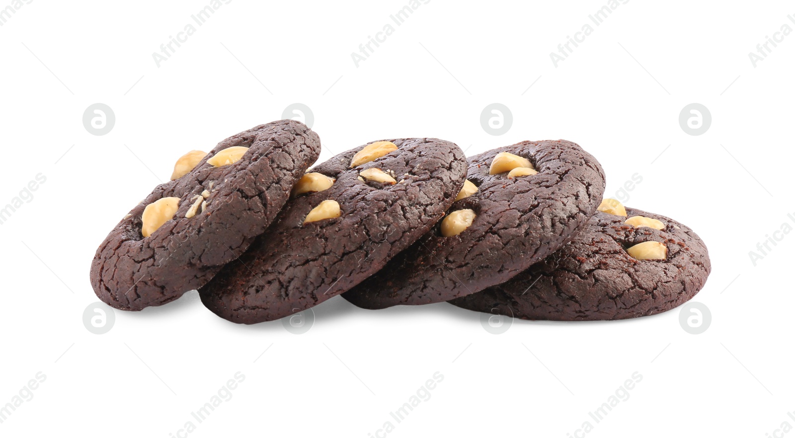 Photo of Tasty chocolate cookies with hazelnuts isolated on white