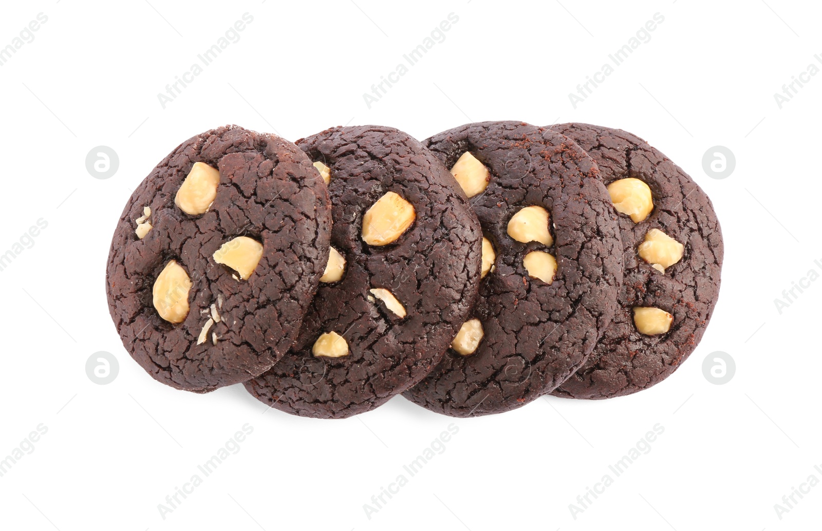 Photo of Tasty chocolate cookies with hazelnuts isolated on white, top view