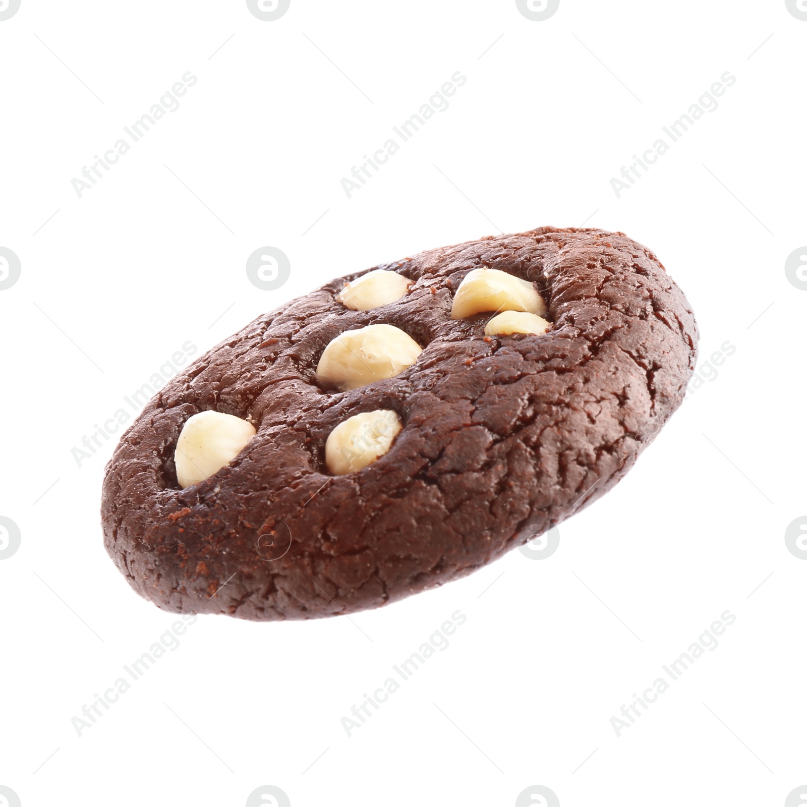 Photo of One tasty chocolate cookie with hazelnuts isolated on white