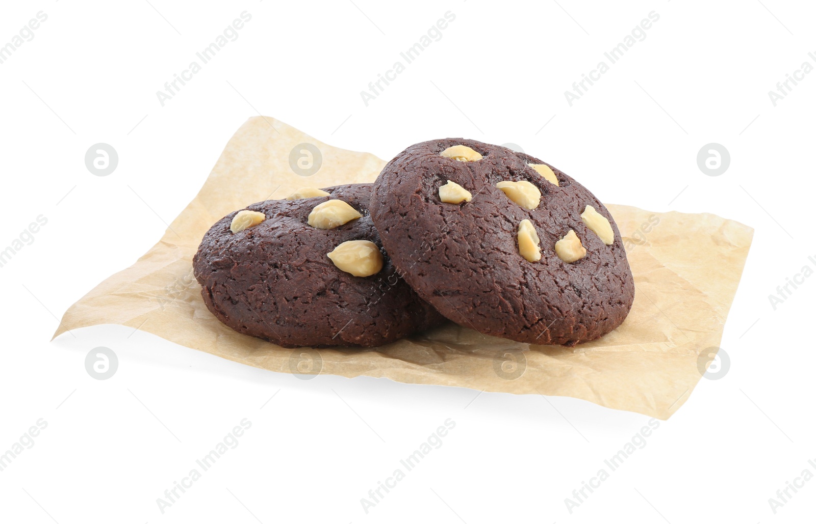 Photo of Tasty chocolate cookies with hazelnuts isolated on white