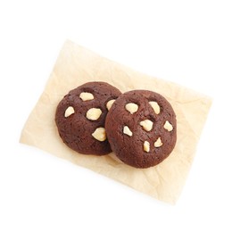 Photo of Tasty chocolate cookies with hazelnuts isolated on white, top view