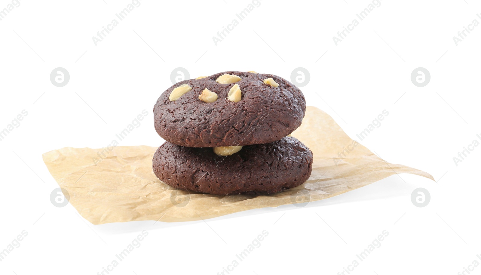 Photo of Tasty chocolate cookies with hazelnuts isolated on white