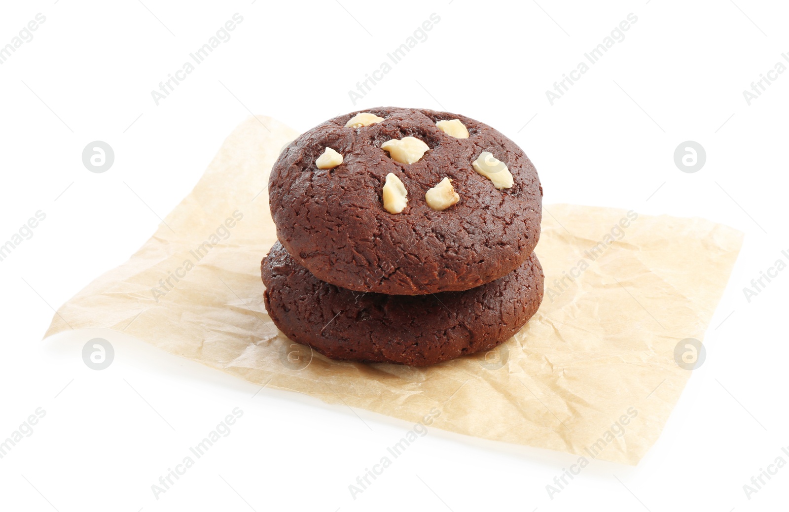 Photo of Tasty chocolate cookies with hazelnuts isolated on white