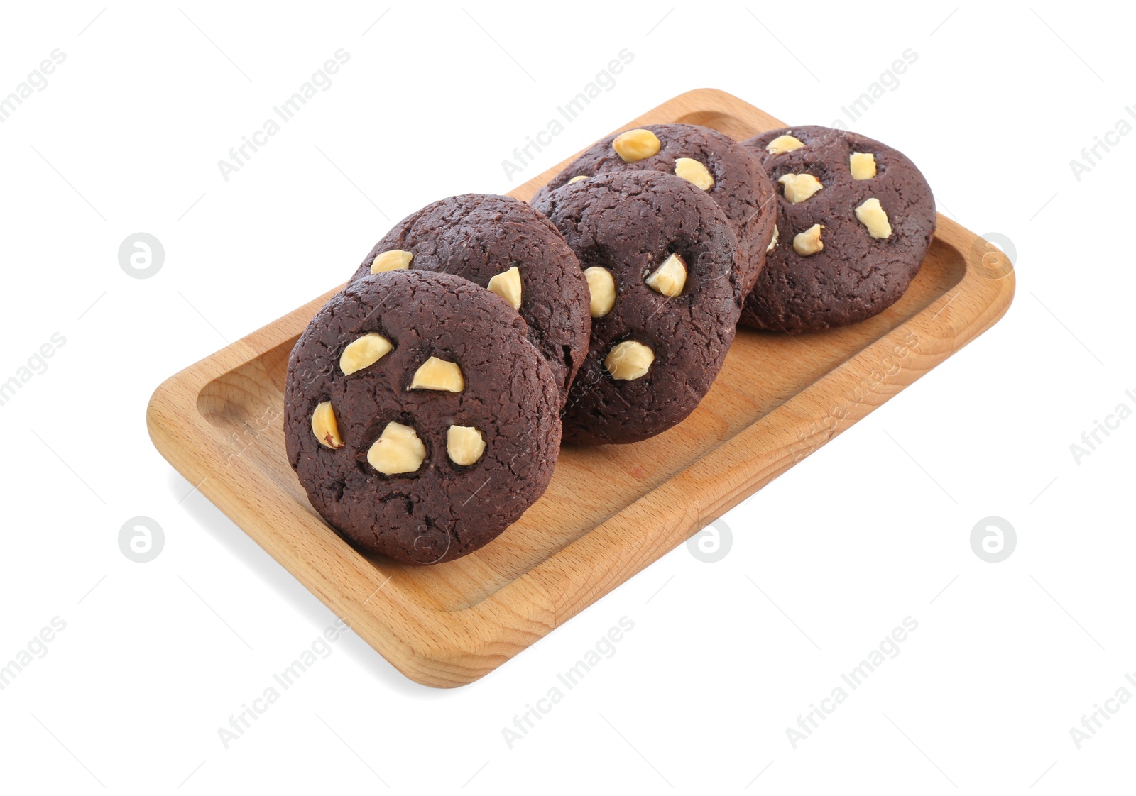 Photo of Tasty chocolate cookies with hazelnuts isolated on white