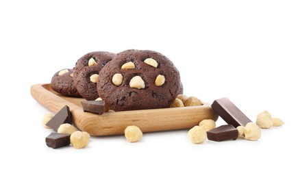 Photo of Tasty chocolate cookies with hazelnuts isolated on white