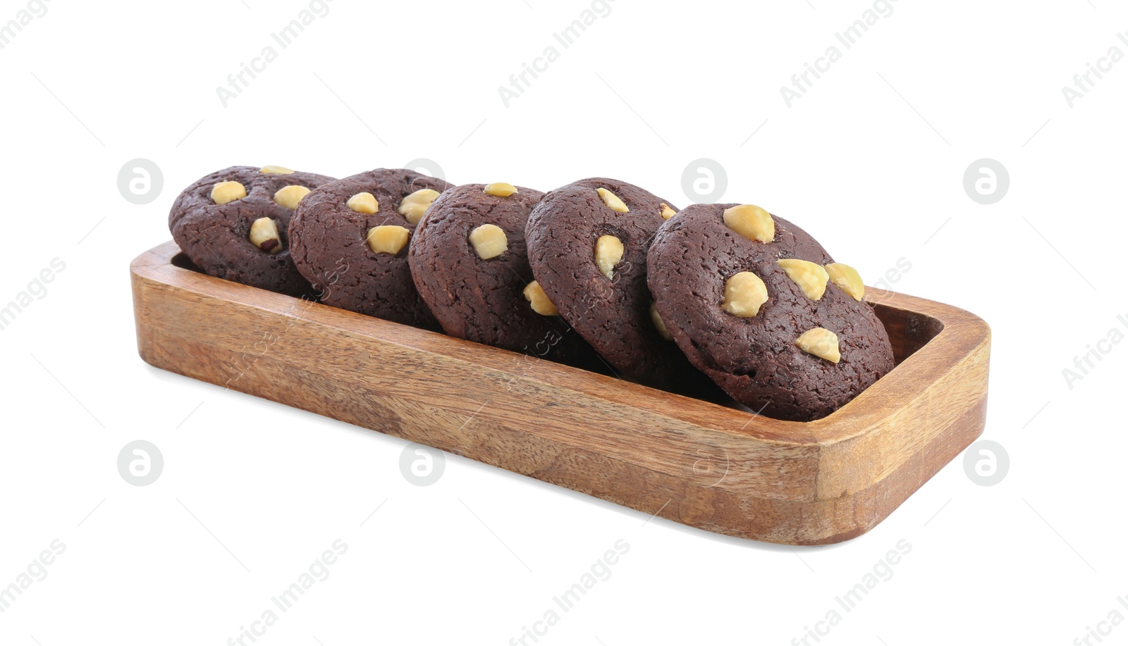 Photo of Tasty chocolate cookies with hazelnuts isolated on white