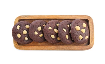 Photo of Tasty chocolate cookies with hazelnuts isolated on white, top view