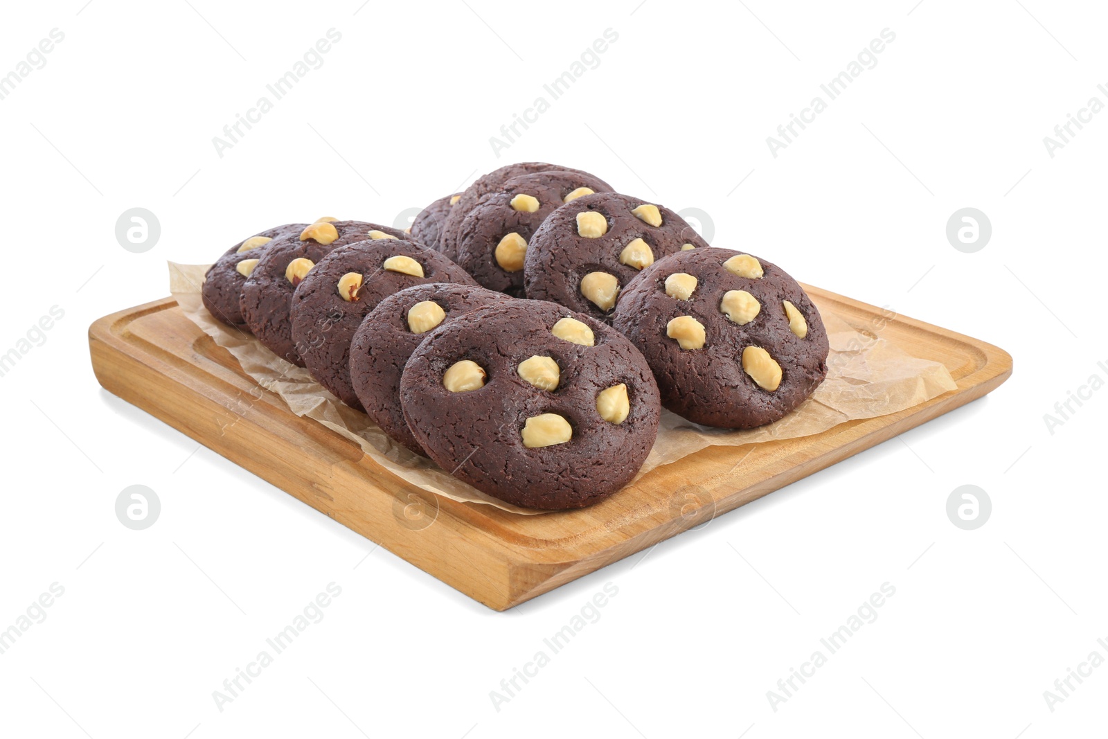 Photo of Tasty chocolate cookies with hazelnuts isolated on white