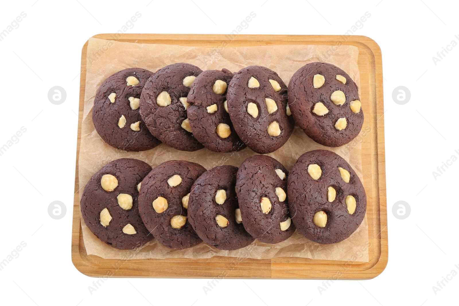 Photo of Tasty chocolate cookies with hazelnuts isolated on white, top view