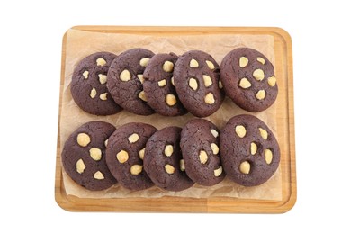 Photo of Tasty chocolate cookies with hazelnuts isolated on white, top view