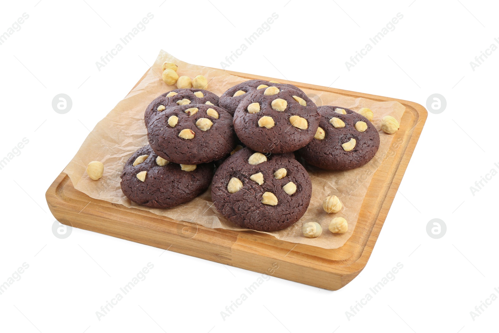 Photo of Tasty chocolate cookies with hazelnuts isolated on white