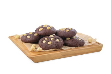 Photo of Tasty chocolate cookies with hazelnuts isolated on white