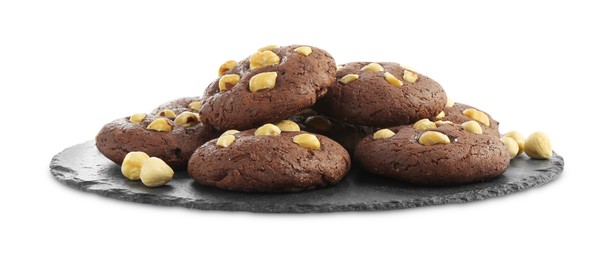 Photo of Tasty chocolate cookies with hazelnuts isolated on white