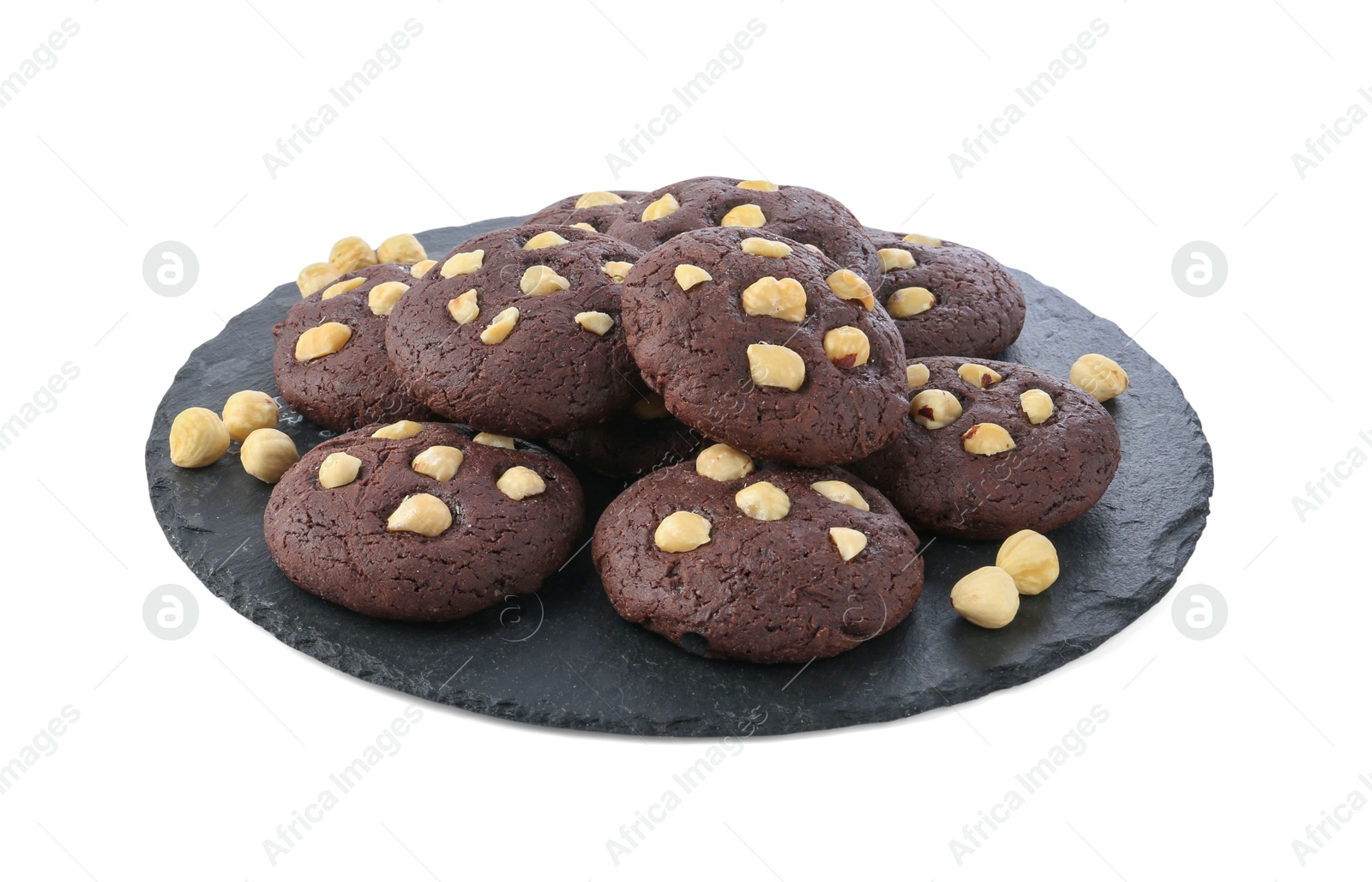 Photo of Tasty chocolate cookies with hazelnuts isolated on white