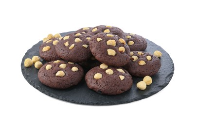 Photo of Tasty chocolate cookies with hazelnuts isolated on white