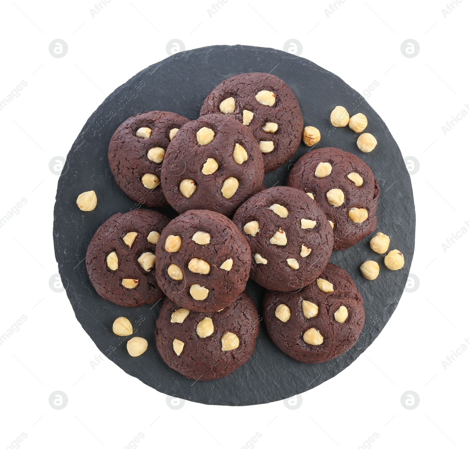 Photo of Tasty chocolate cookies with hazelnuts isolated on white, top view