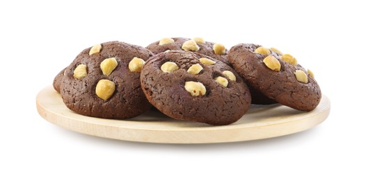 Photo of Tasty chocolate cookies with hazelnuts isolated on white