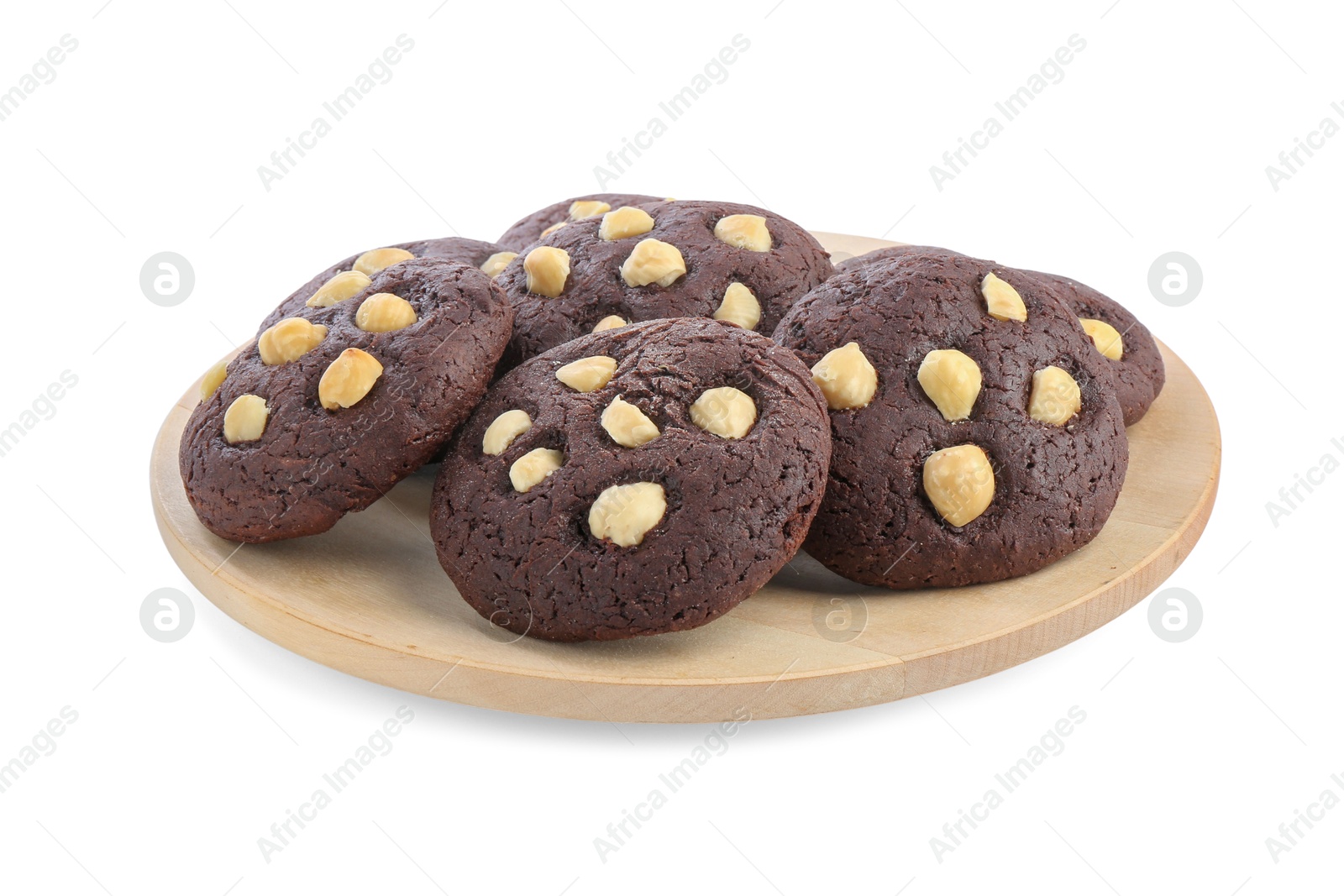 Photo of Tasty chocolate cookies with hazelnuts isolated on white