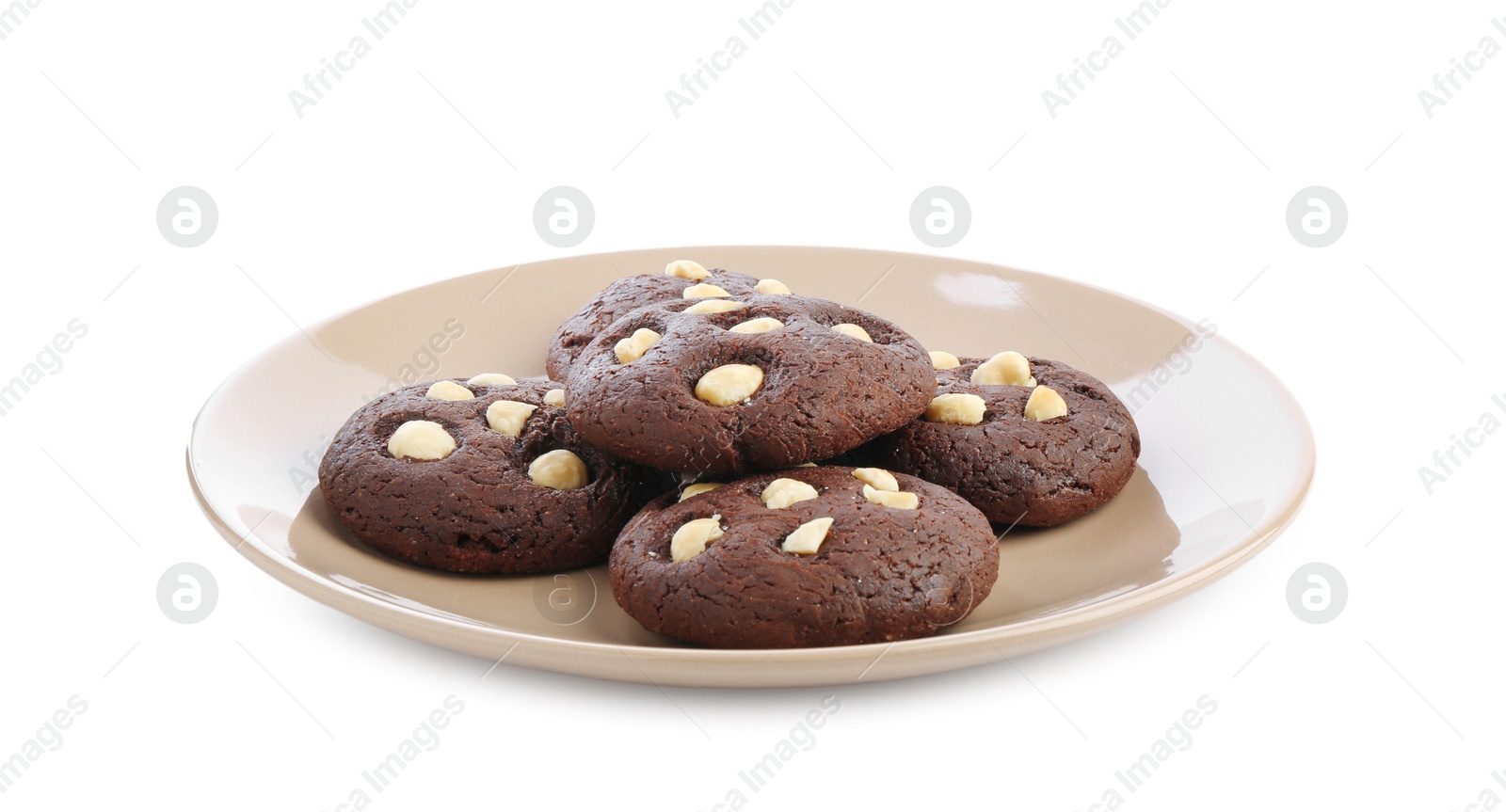 Photo of Tasty chocolate cookies with hazelnuts isolated on white