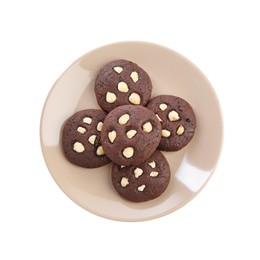 Photo of Tasty chocolate cookies with hazelnuts isolated on white, top view