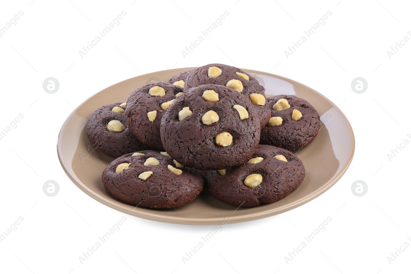 Photo of Tasty chocolate cookies with hazelnuts isolated on white