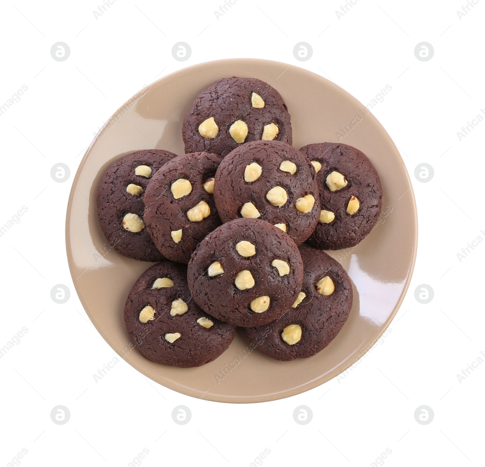 Photo of Tasty chocolate cookies with hazelnuts isolated on white, top view